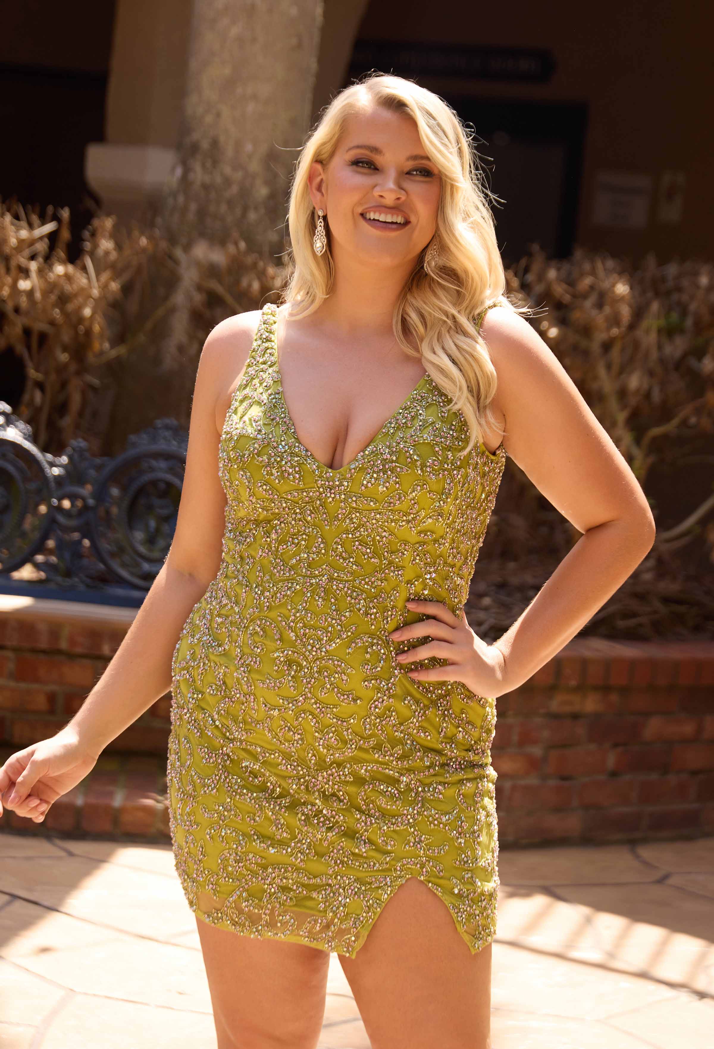 Primavera Couture -14117 Crystal Embellished Cocktail Dress With Intricate Floral and Vine Pattern