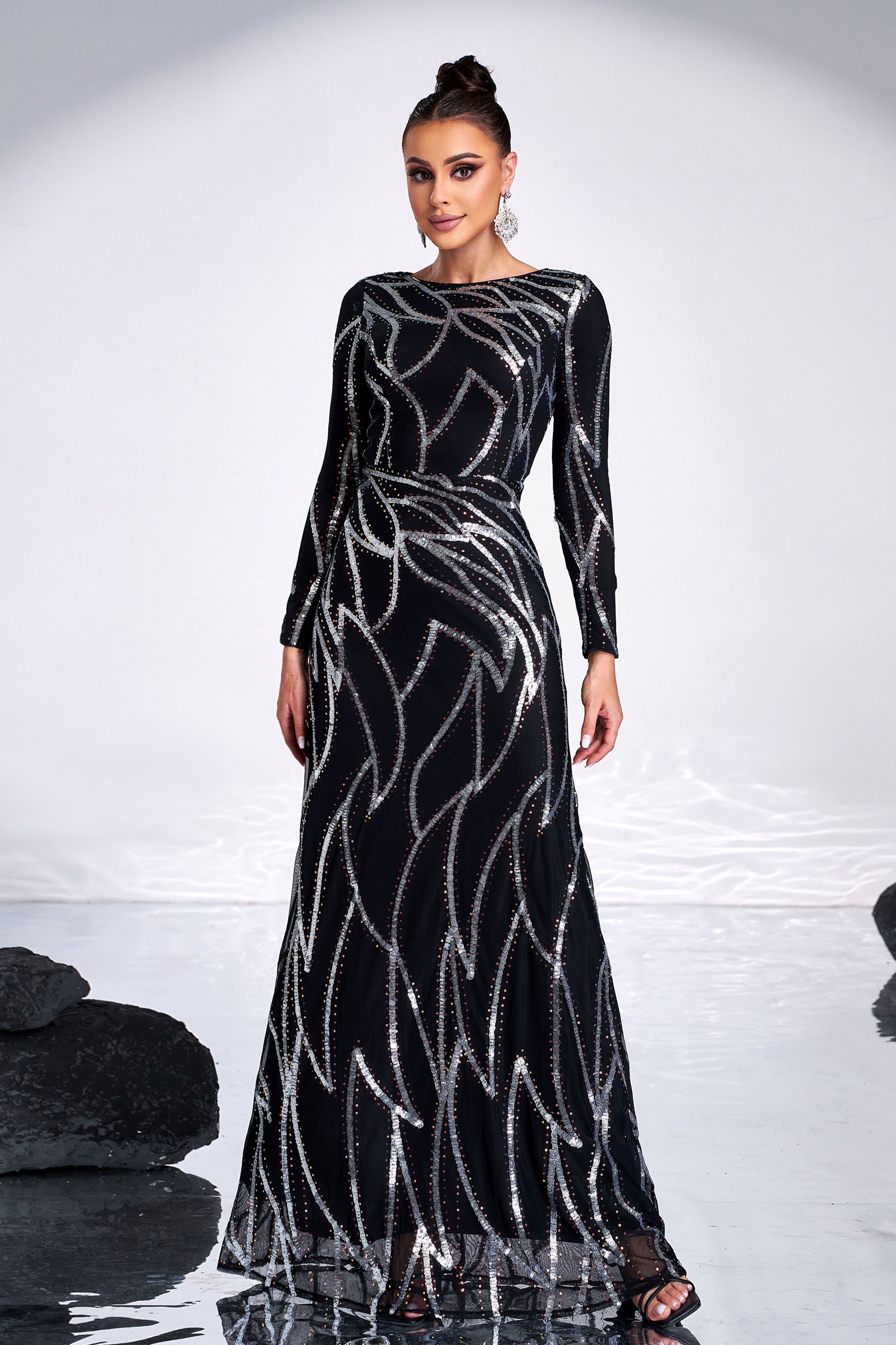 Azina -XJ1962 A-Line Long Sleeve Sequin Dress