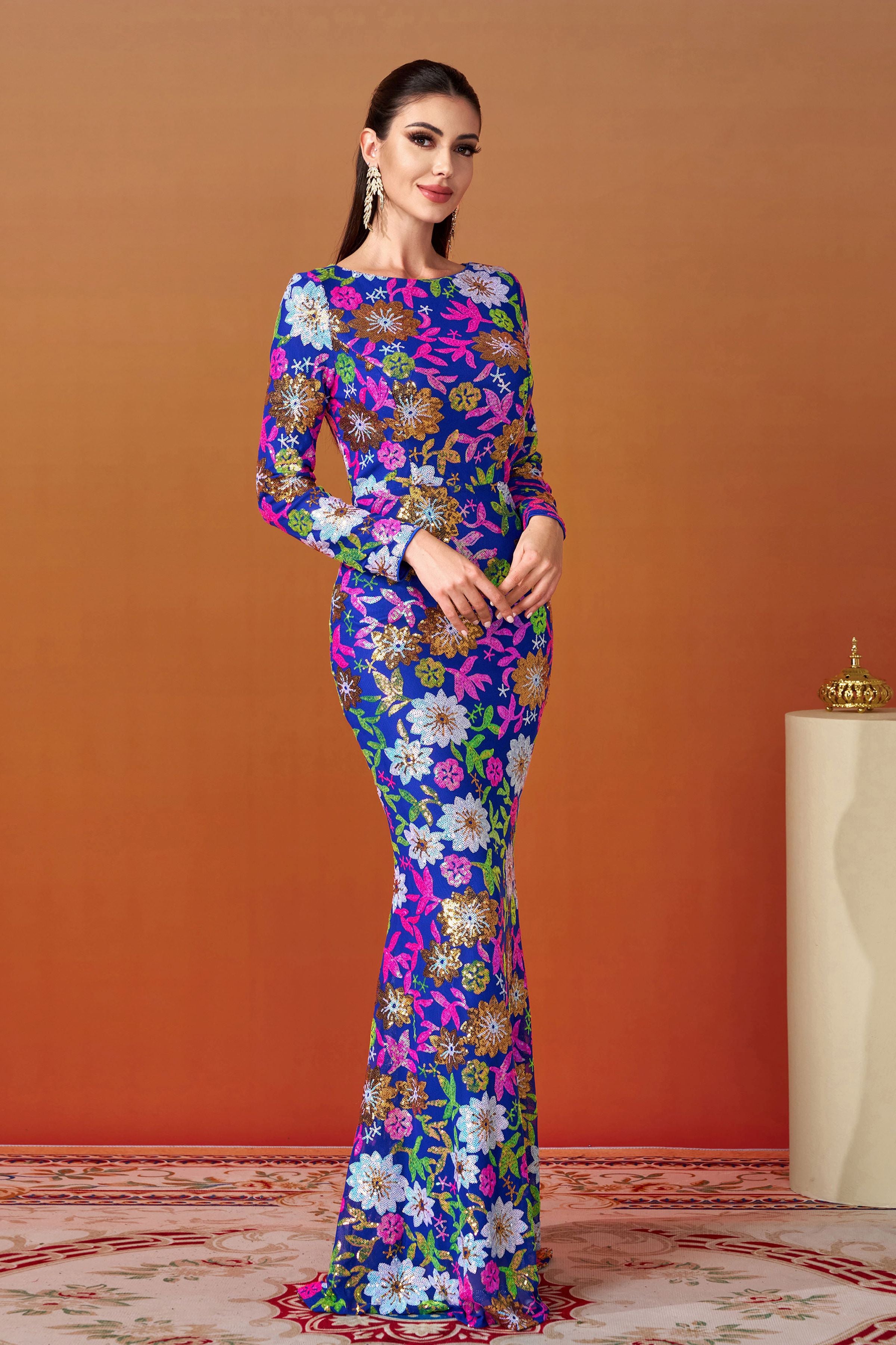 Azina -RJ10987 Long Sleeved Sequin Mermaid Evening Dress