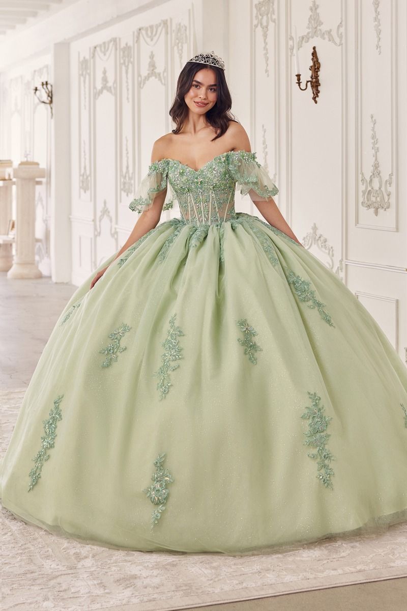 Cinderella Divine -15725 Off Shoulder Floral Applique Quinceanera Ball Gown