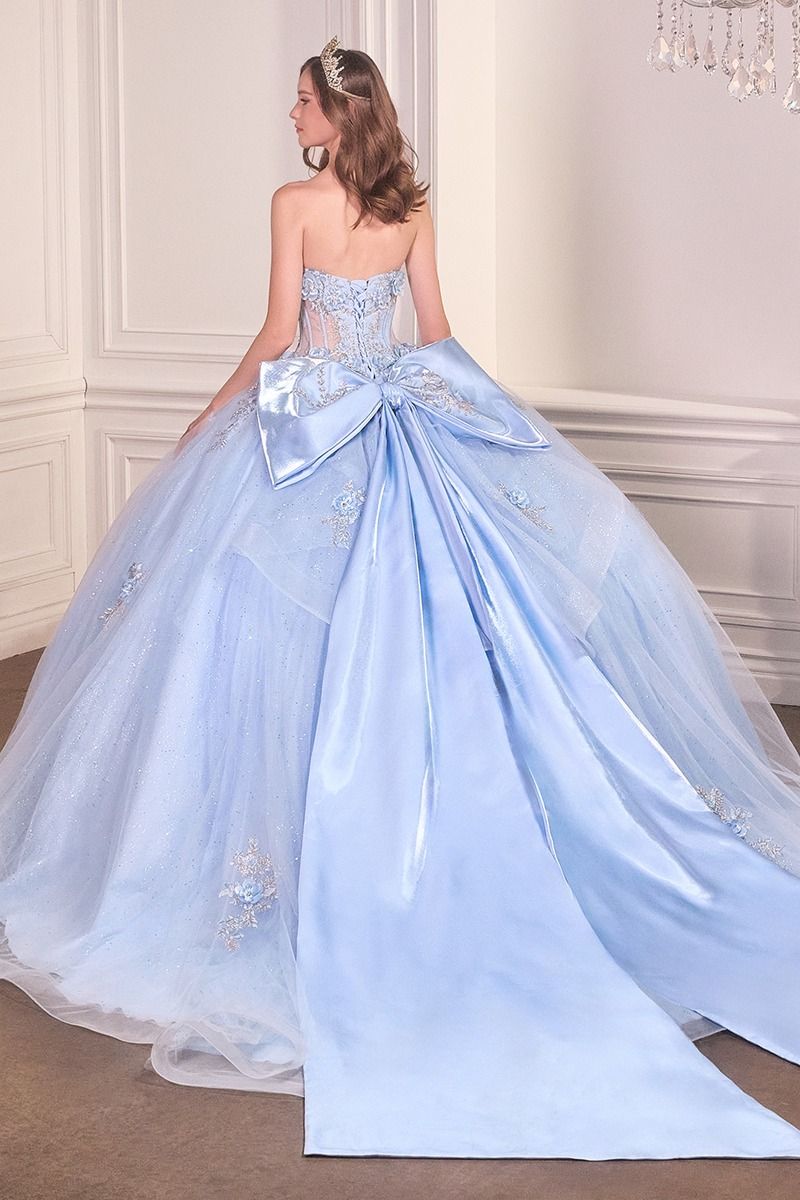 Cinderella Divine -15726 Ball gown with strapless sweetheart neckline and sheer corset bodice adorned with sparkling floral applique.