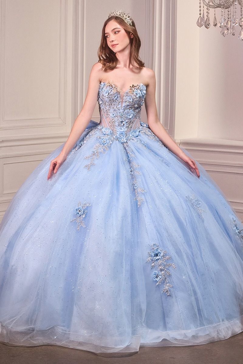 Cinderella Divine -15726 Ball gown with strapless sweetheart neckline and sheer corset bodice adorned with sparkling floral applique.
