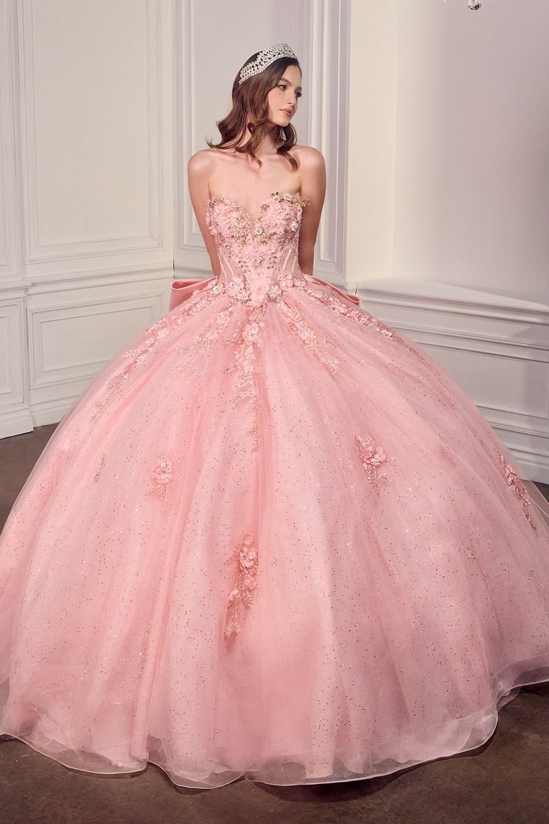 Cinderella Divine -15726 Ball gown with strapless sweetheart neckline and sheer corset bodice adorned with sparkling floral applique.