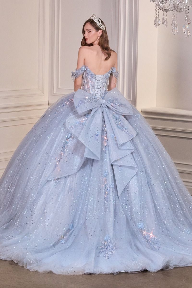 Cinderella Divine -15728 Off shoulder ball gown with sheer corset bodice and 3D floral applique