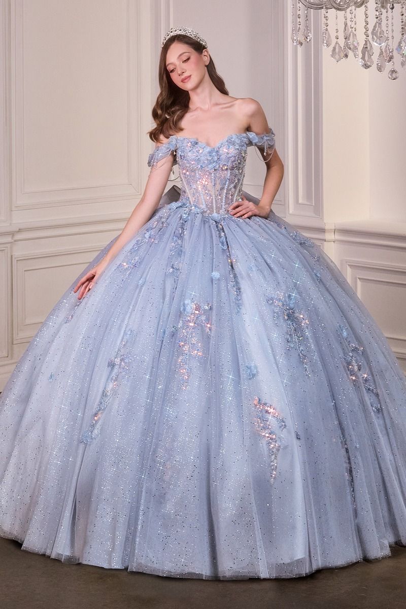 Cinderella Divine -15728 Off shoulder ball gown with sheer corset bodice and 3D floral applique