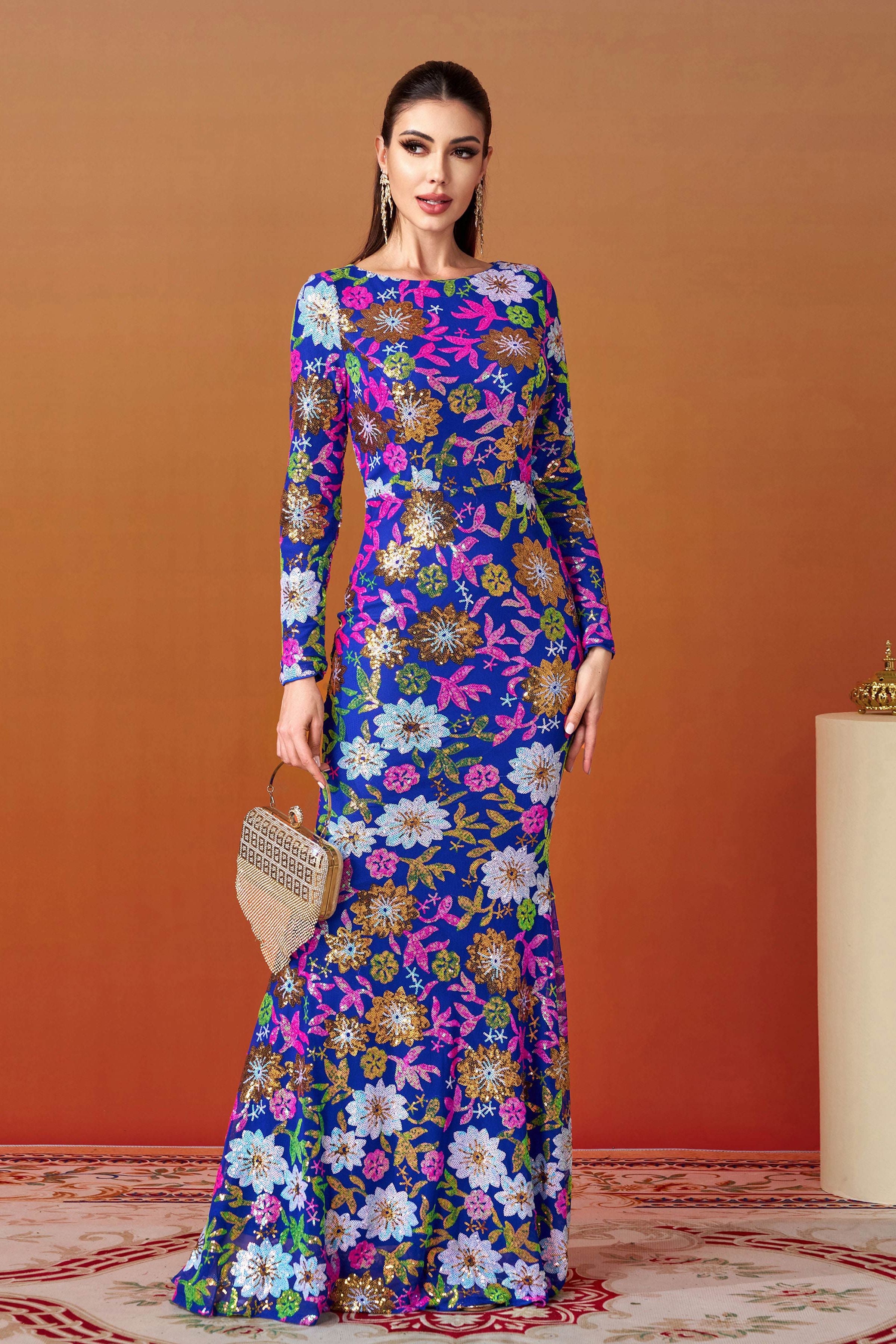 Azina -RJ10987 Long Sleeved Sequin Mermaid Evening Dress