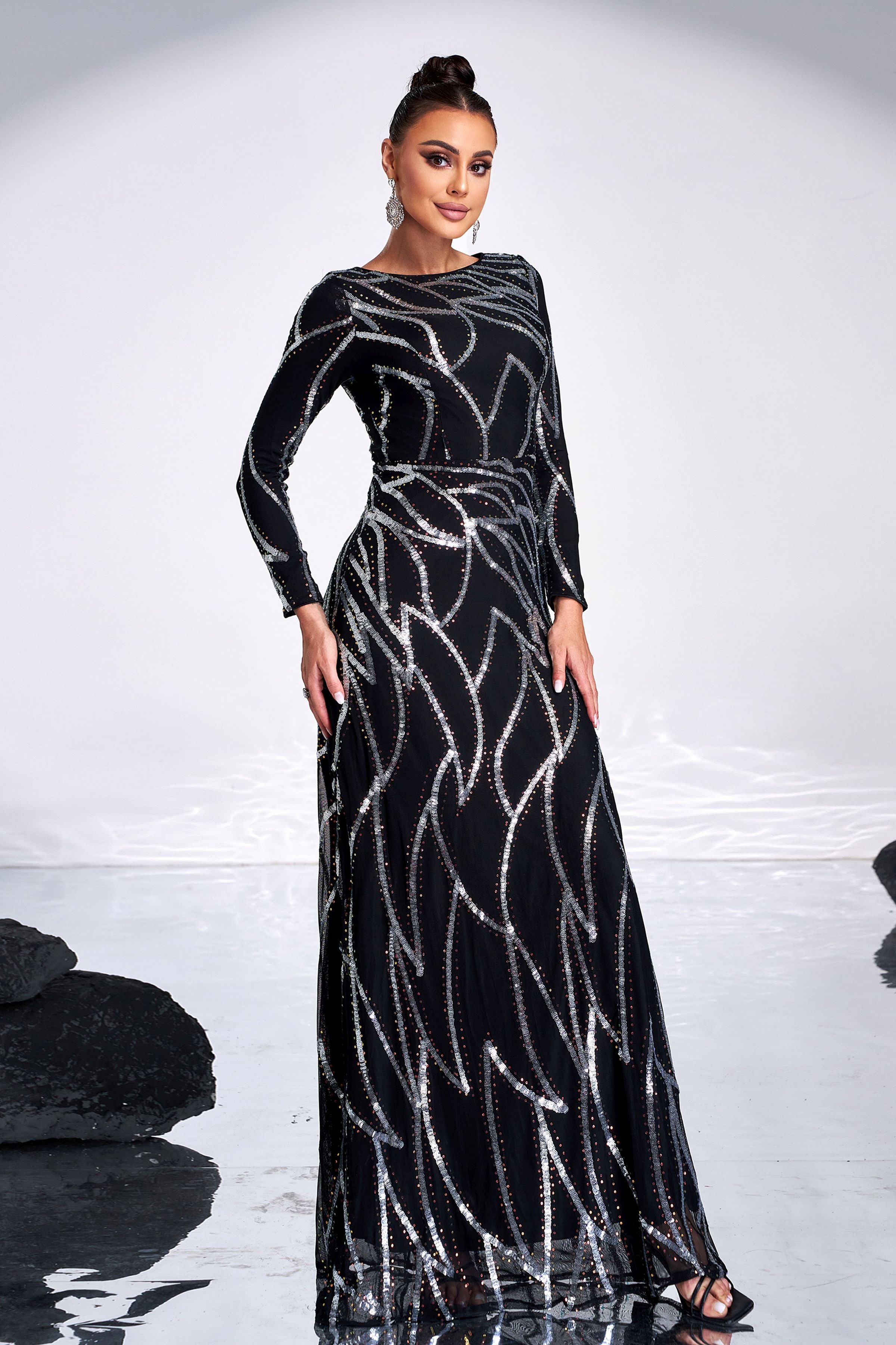 Azina -XJ1962 A-Line Long Sleeve Sequin Dress