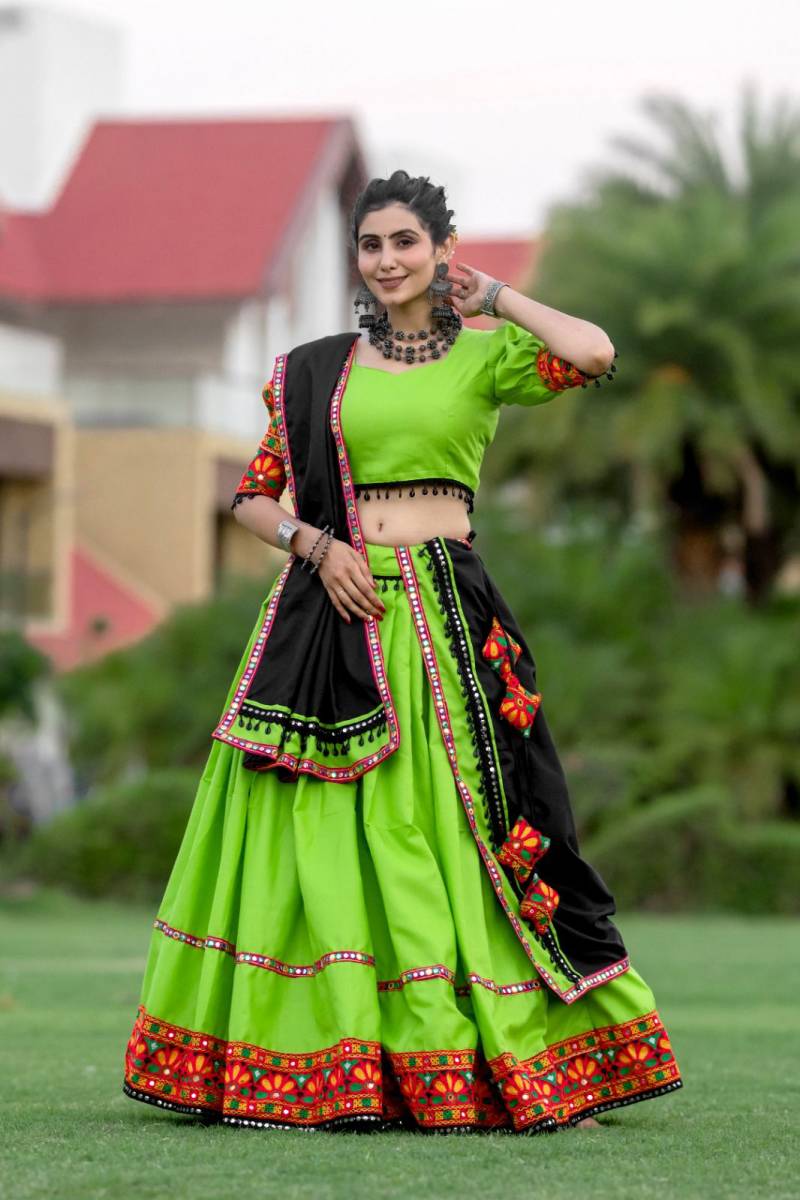 MyFashion -7067 Pure Cotton Plain Gamthi With Lace & Mirror Work Lehenga Choli