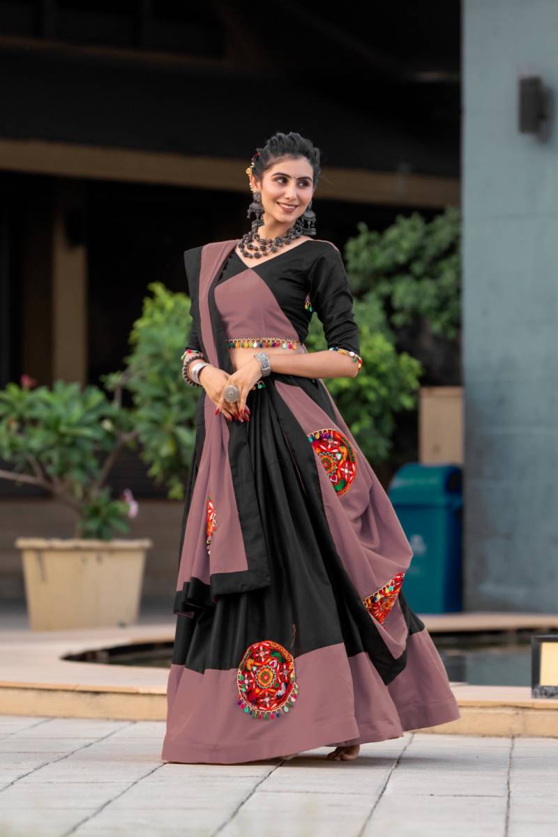 MyFashion -7066 Navratri Pure Cotton Plain Gamthi Mirror Work Lehenga Choli