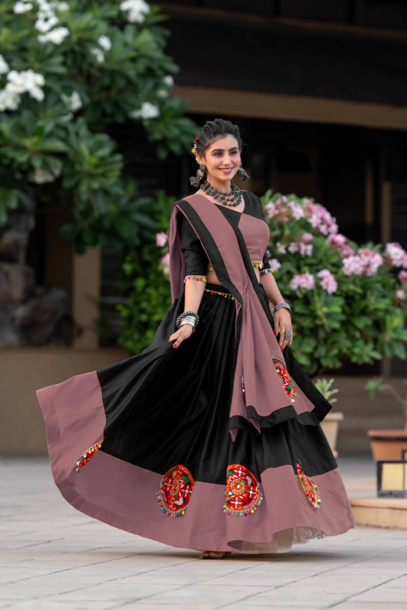 MyFashion -7066 Navratri Pure Cotton Plain Gamthi Mirror Work Lehenga Choli