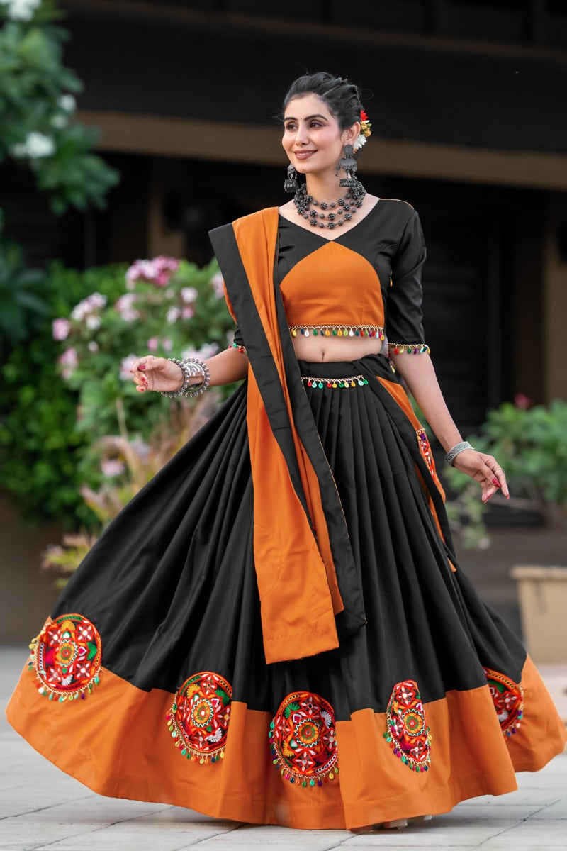 MyFashion -7066 Navratri Pure Cotton Plain Gamthi Mirror Work Lehenga Choli