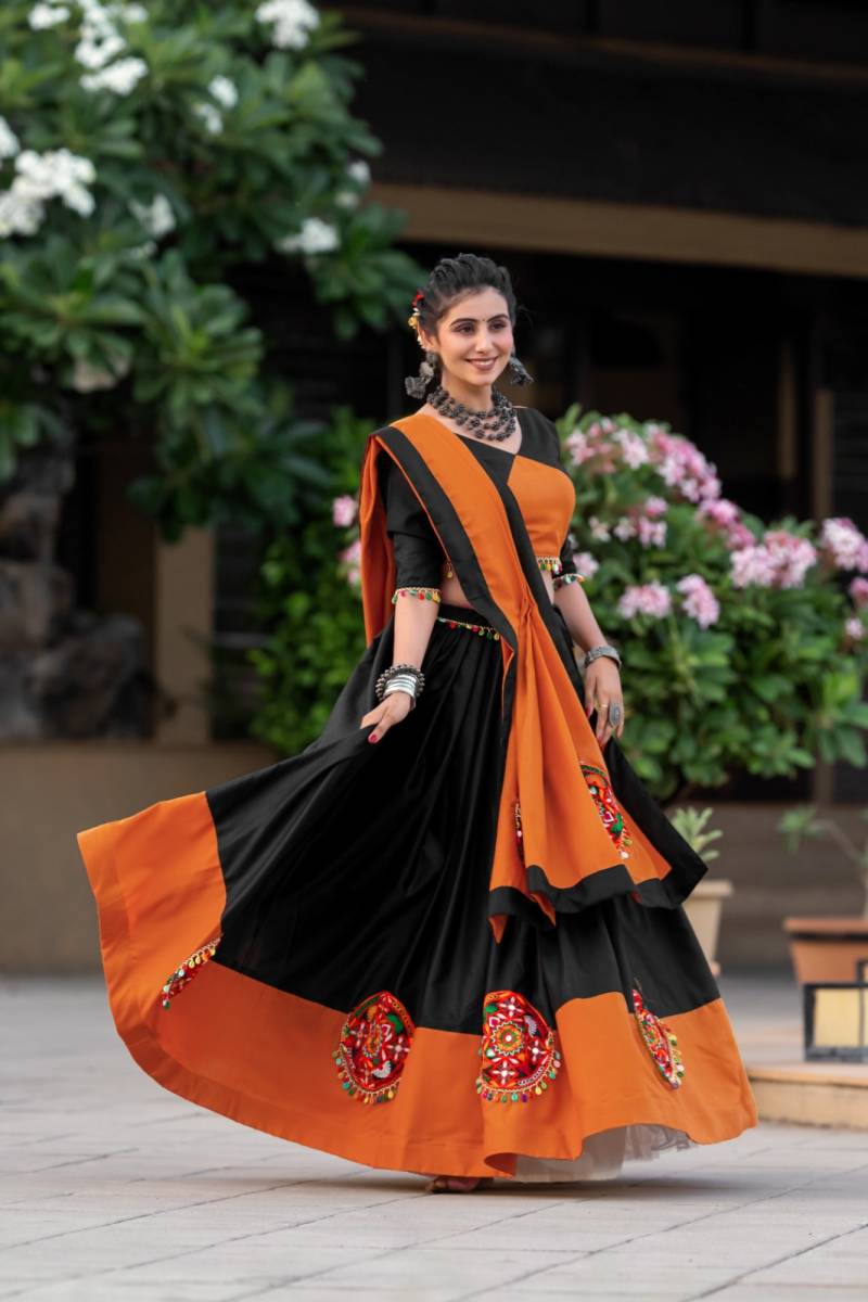 MyFashion -7066 Navratri Pure Cotton Plain Gamthi Mirror Work Lehenga Choli