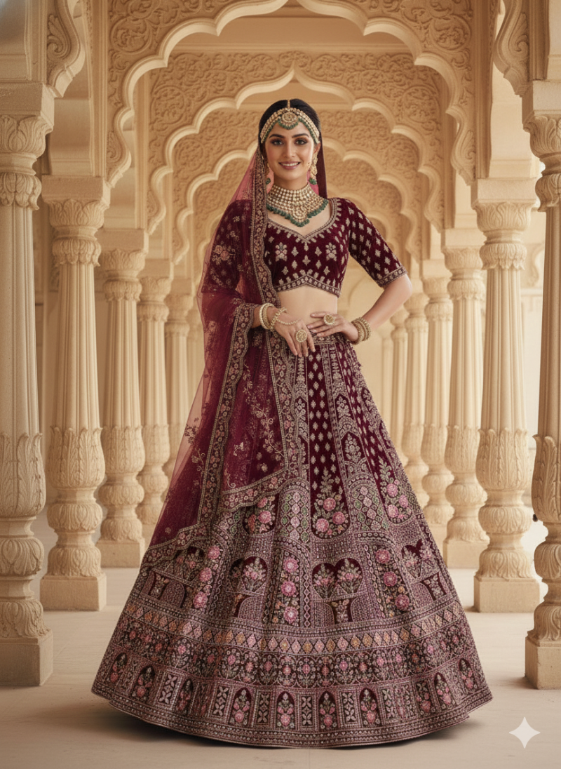 MyFashion -104 Velvet Embroidery Jharkan Worked Bridal Lehenga