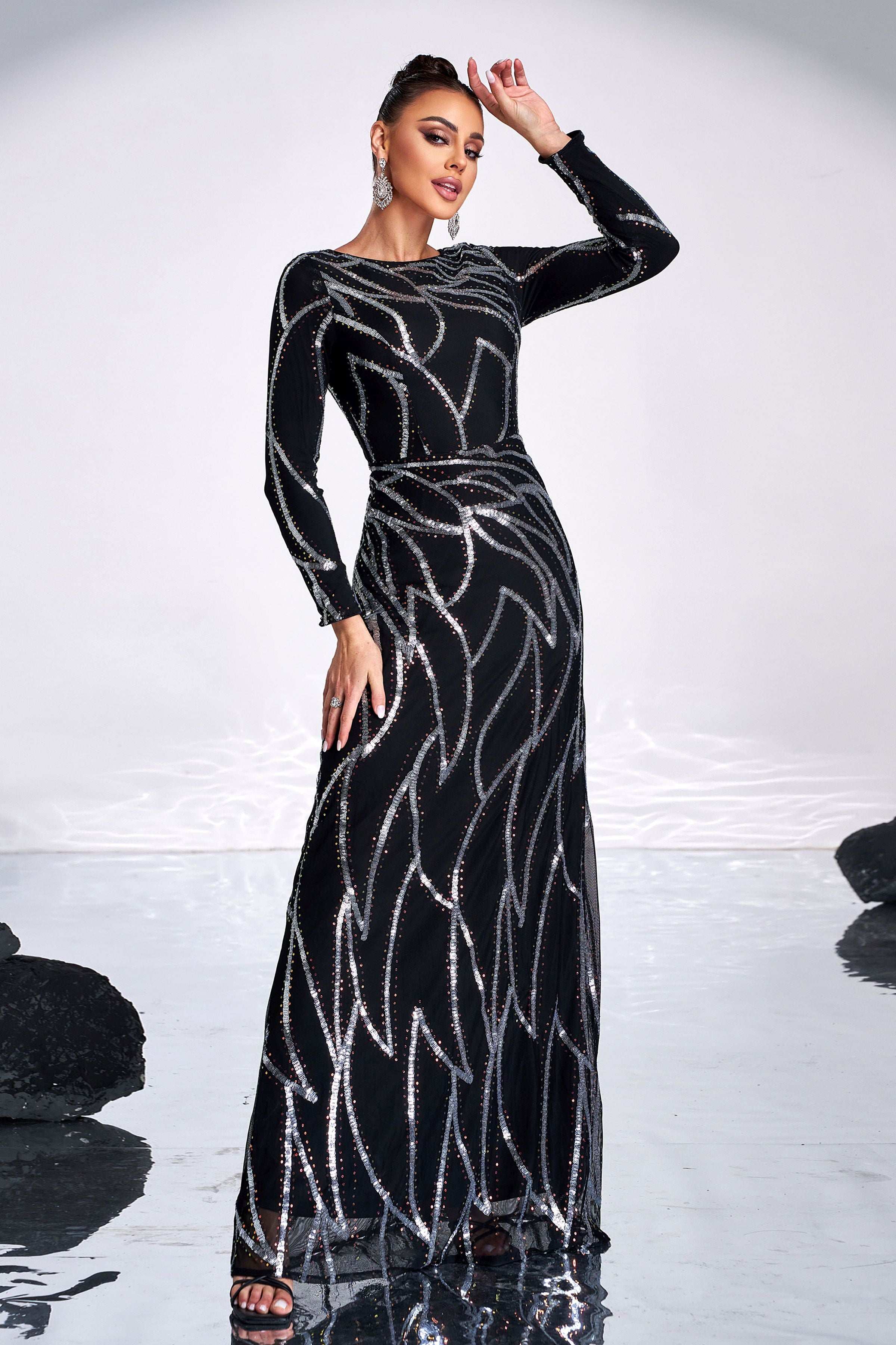 Azina -XJ1962 A-Line Long Sleeve Sequin Dress