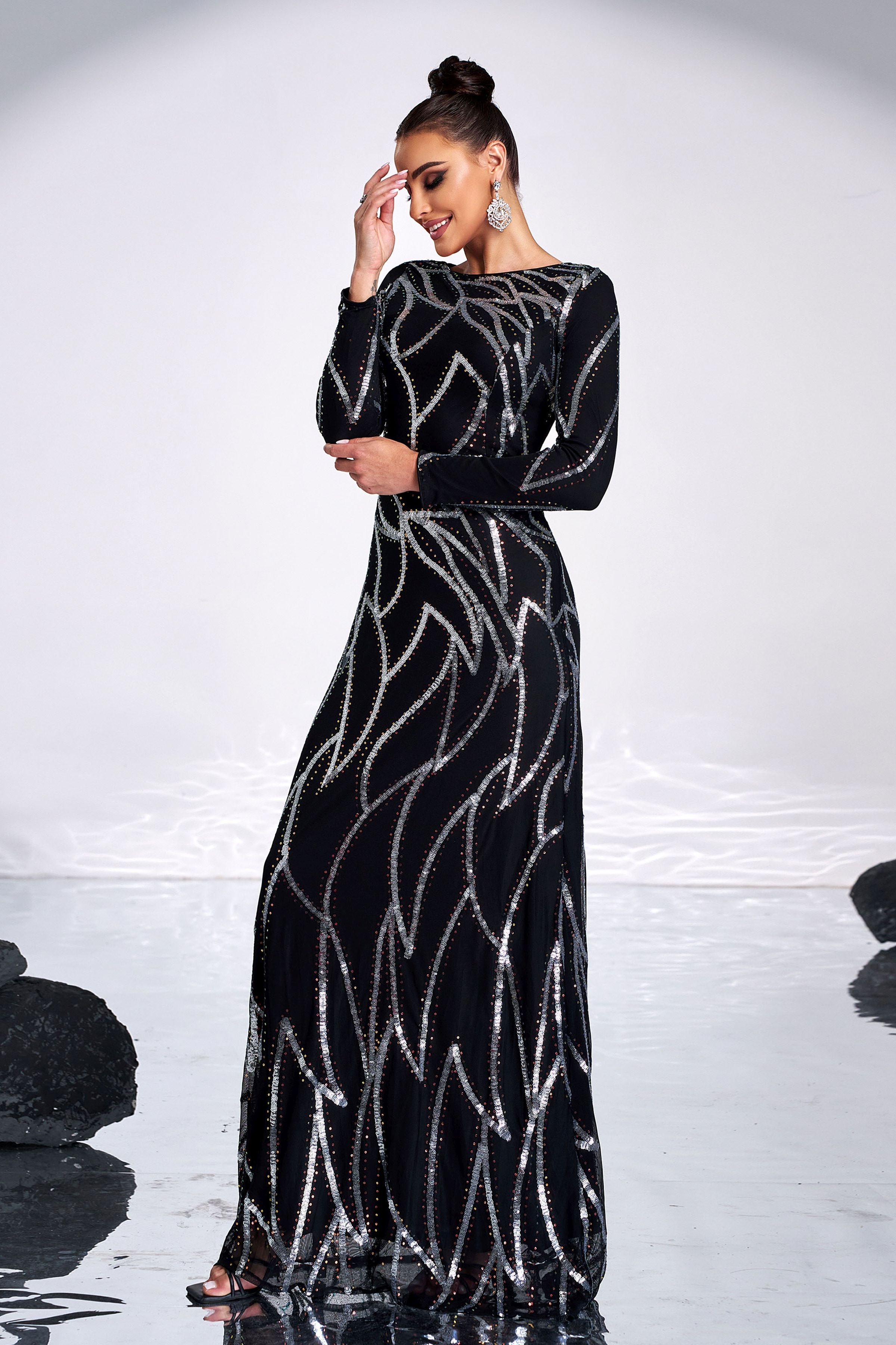 Azina -XJ1962 A-Line Long Sleeve Sequin Dress