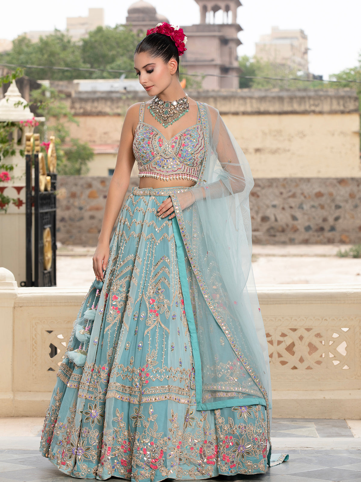 MyFashion -KLS-1493 Sky Blue Net Lehenga With Handcrafted Applique
