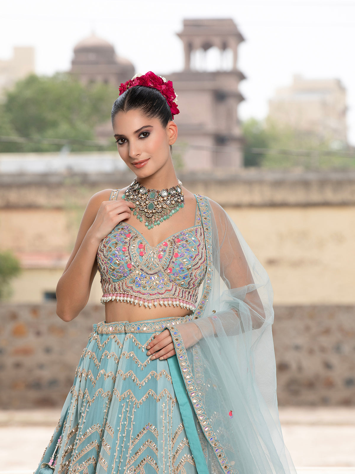 MyFashion -KLS-1493 Sky Blue Net Lehenga With Handcrafted Applique