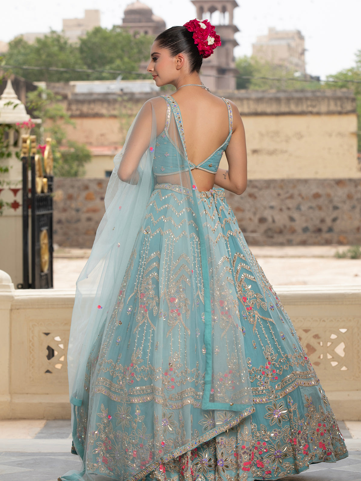 MyFashion -KLS-1493 Sky Blue Net Lehenga With Handcrafted Applique