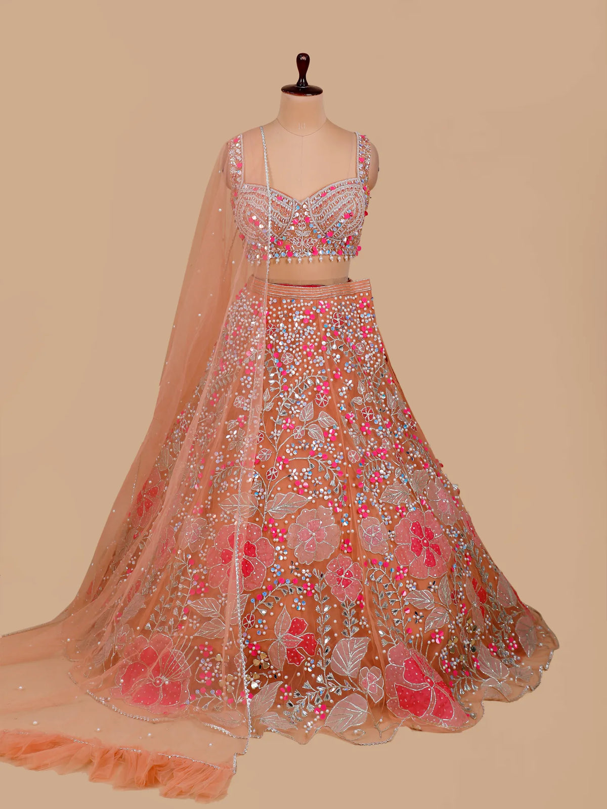 MyFashion KLS-2676 Zehra Peach Veil Thread Sequin Mirror Net Lehenga