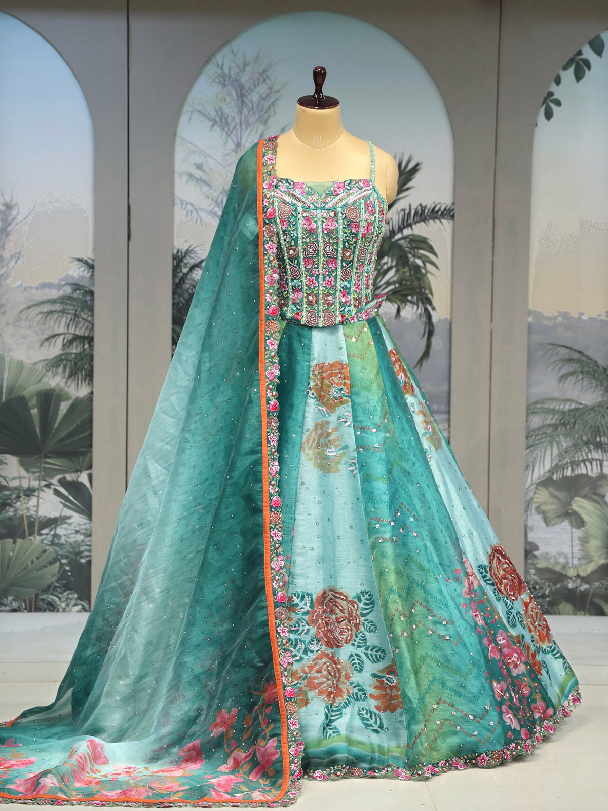 MyFashion KLS-2072 Royal Multi-Color Organza Lehenga With Jarkan & Bead