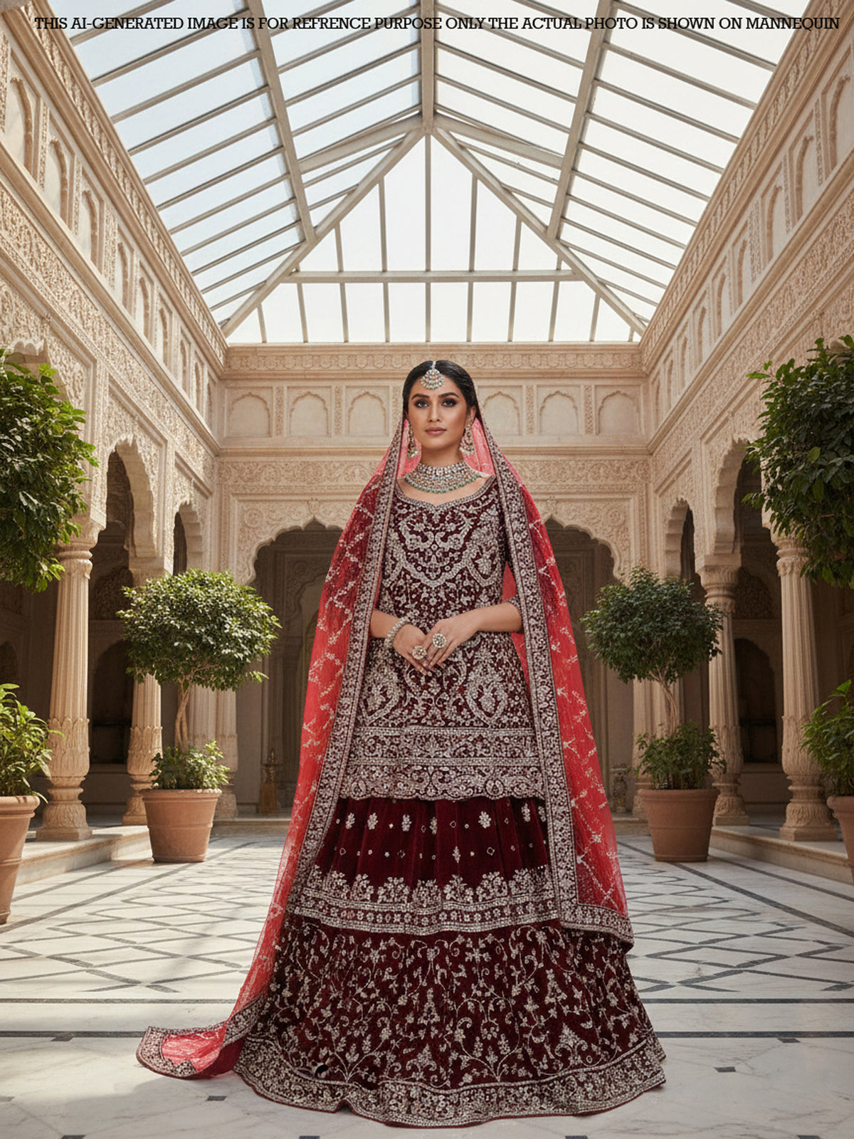 MyFashion KLS-2152 Maroon Majesty Peplum Velvet Lehenga with Jarkan Diamond