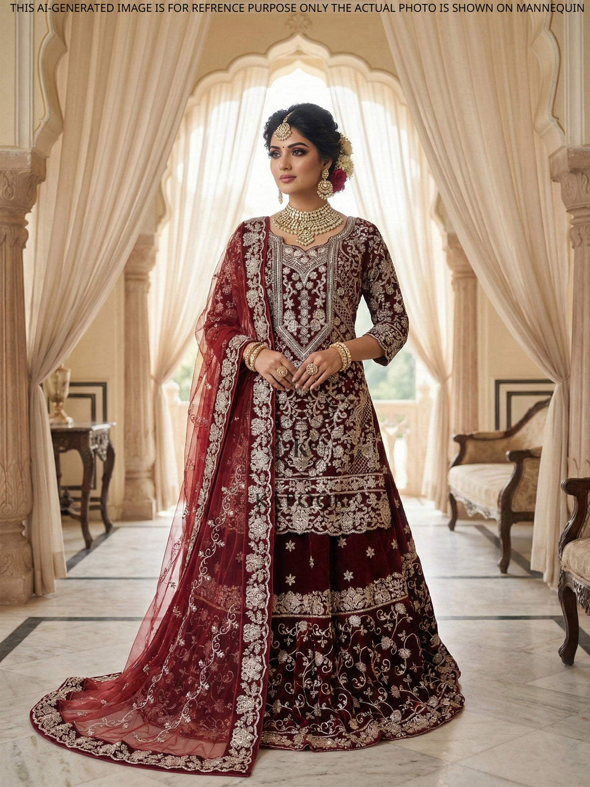 MyFashion KLS-2153 Velvet Maroon Eleganza Peplum Lehenga with Premium Diamond