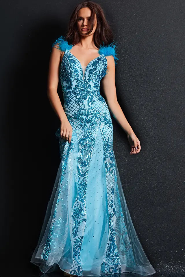 Jovani -22507 Sequined Beaded Plunging V-Neck Gown