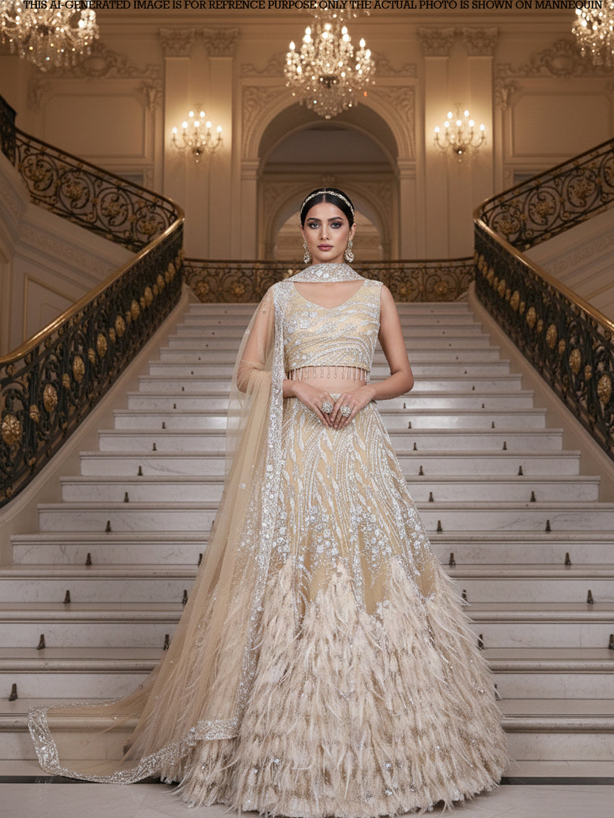 MyFashion KLS-2266 Light Yellow Net Lehenga with Elegant Sequence Beads & Feather Detailing