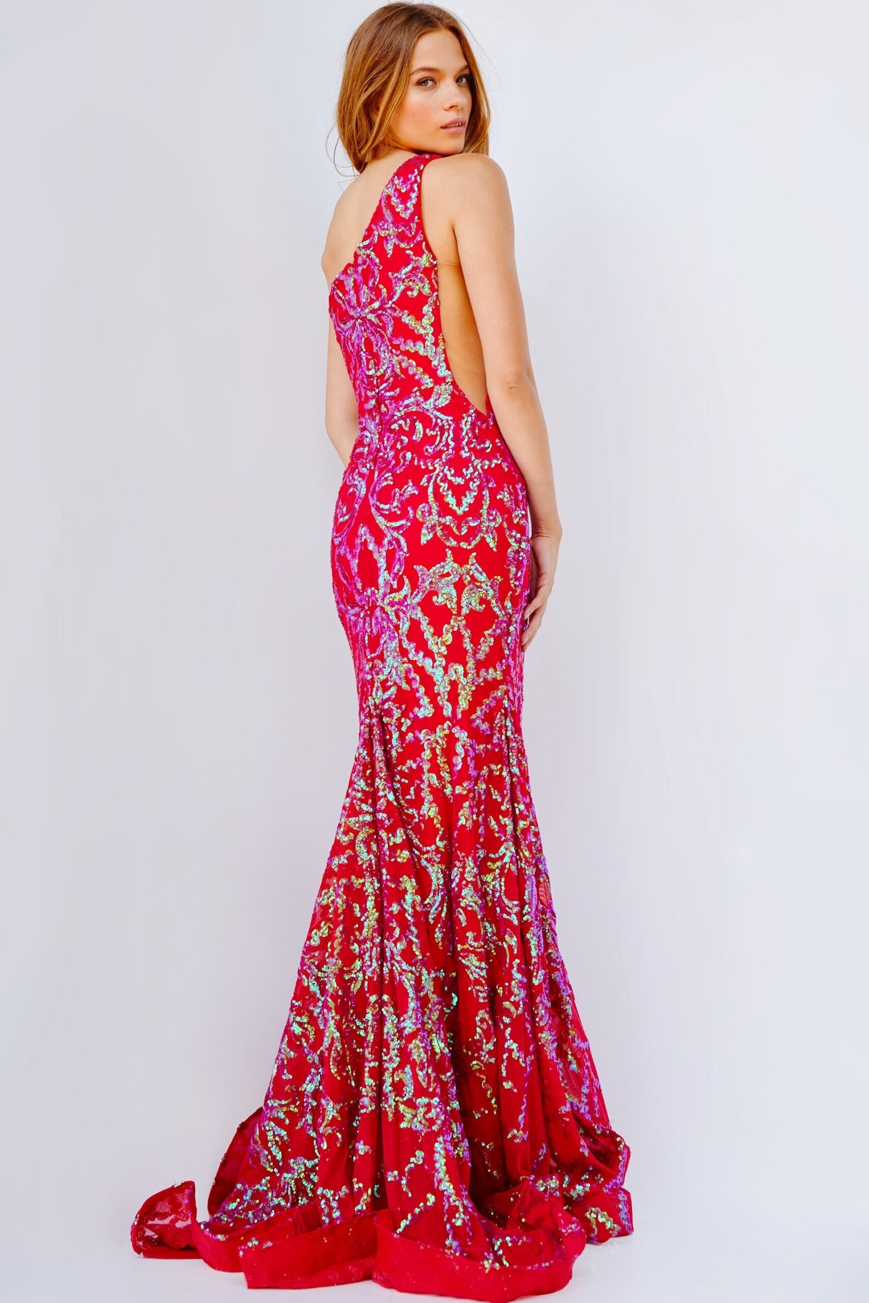 Jovani -22845B Iridescent Sequined Asymmetric Trumpet Gown