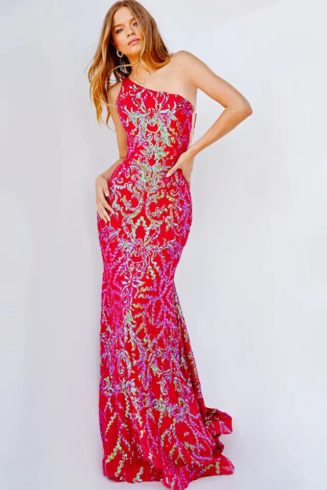Jovani -22845B Iridescent Sequined Asymmetric Trumpet Gown