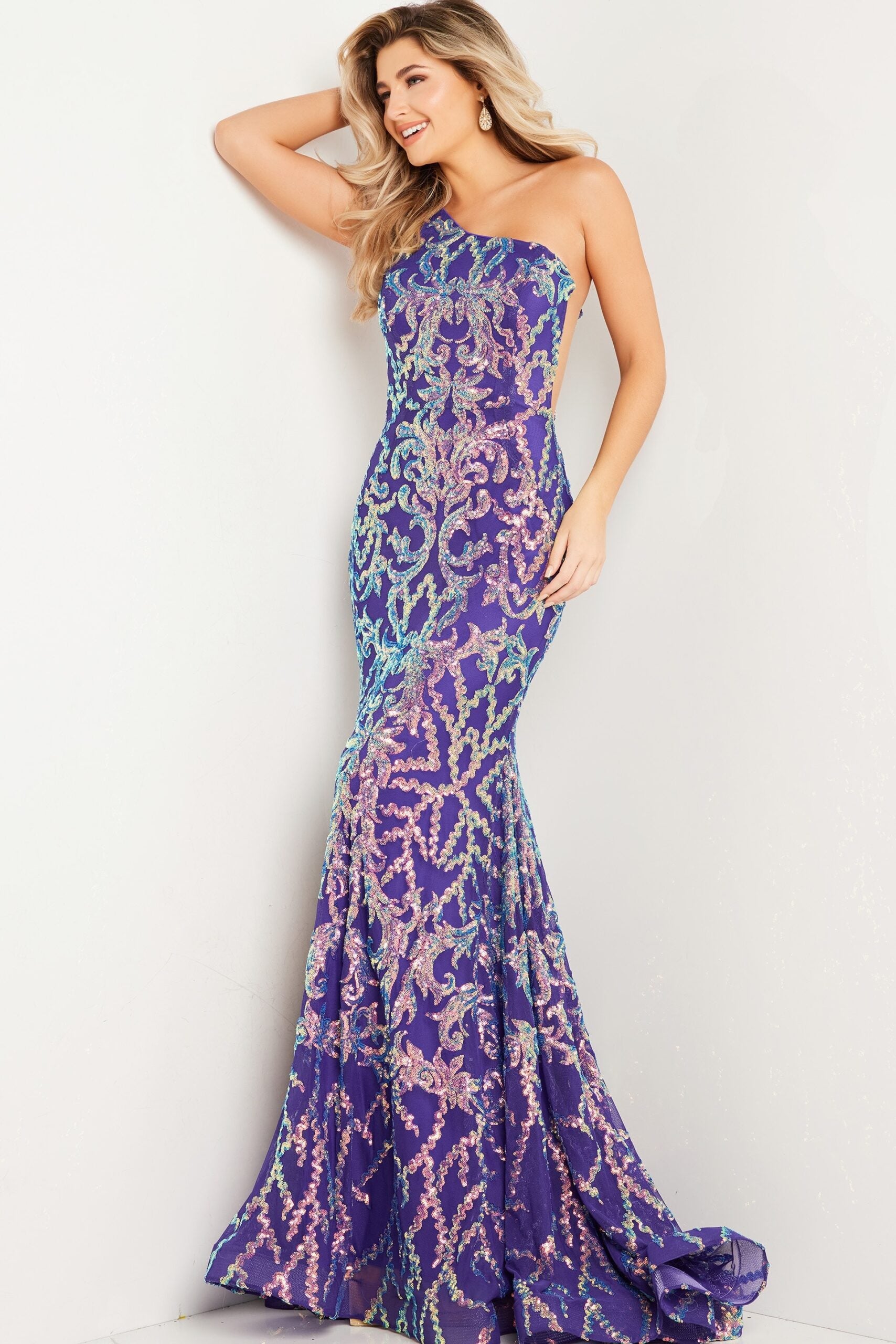 Jovani -22845B Iridescent Sequined Asymmetric Trumpet Gown