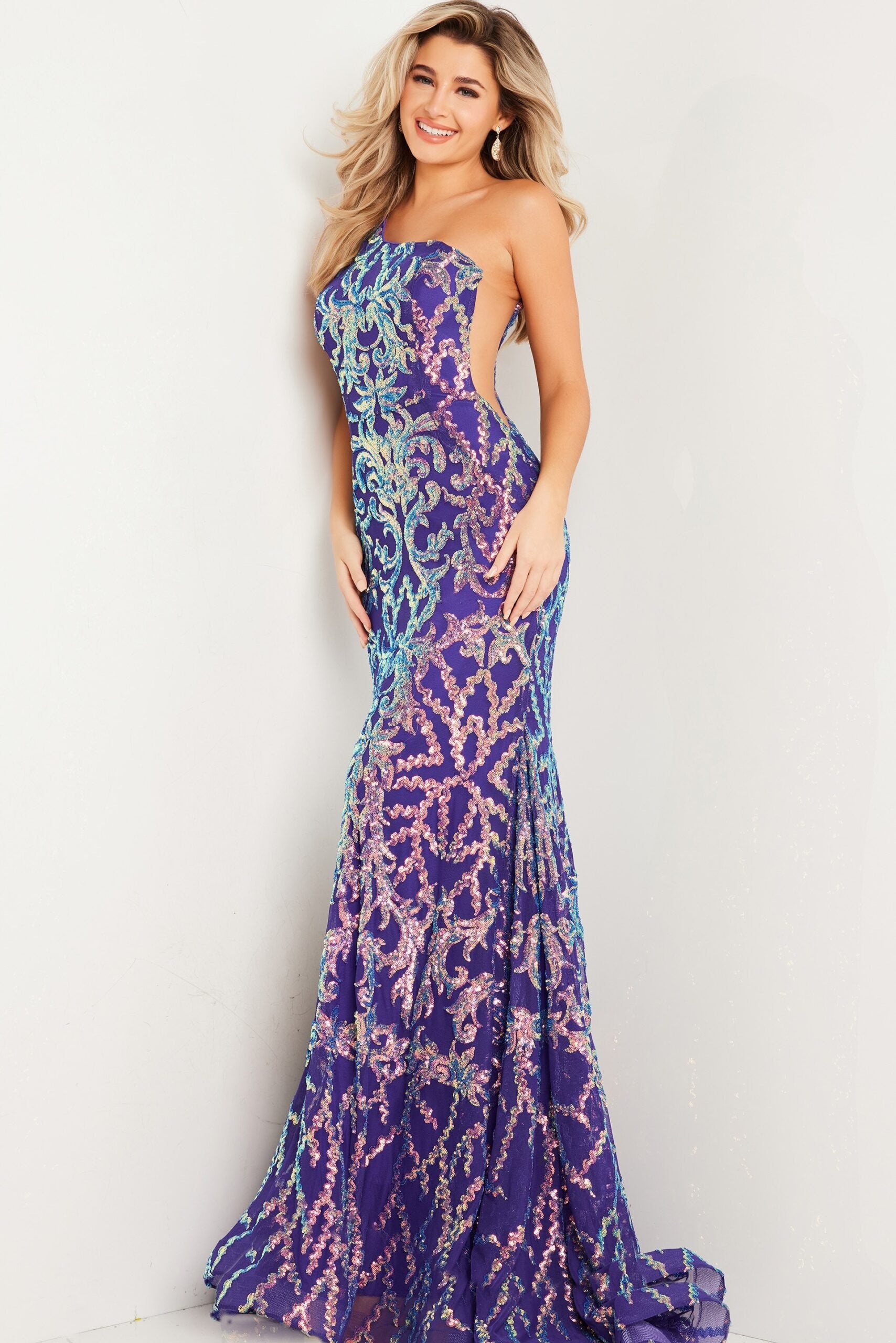 Jovani -22845B Iridescent Sequined Asymmetric Trumpet Gown