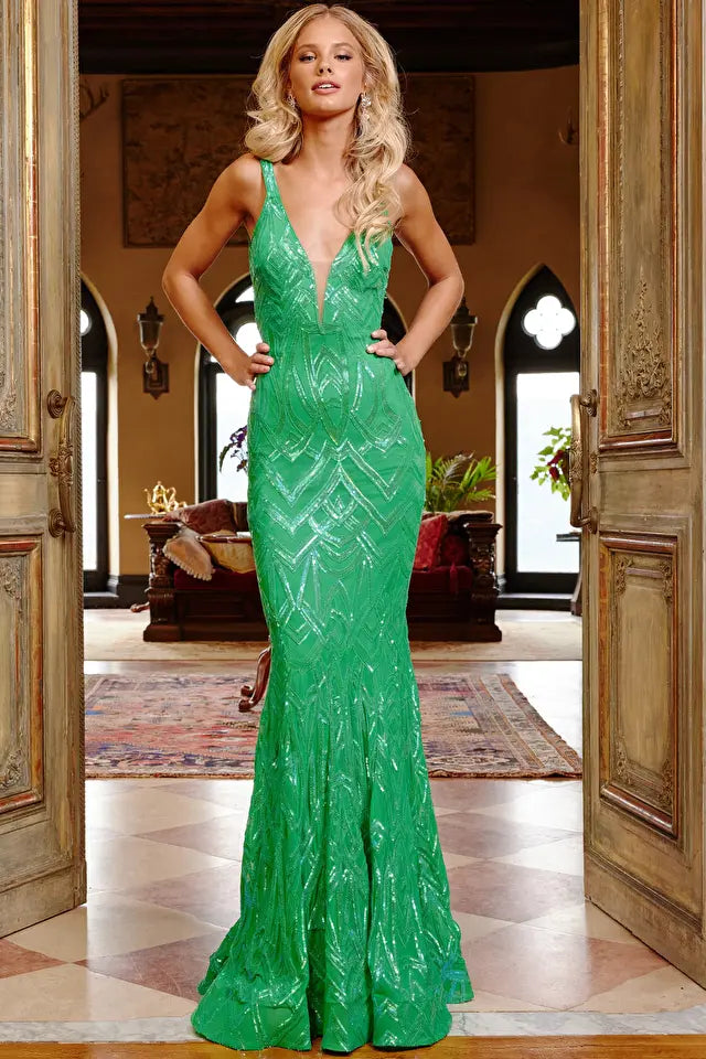 Jovani -23027B Sequin V-Neck Trumpet Prom Dress