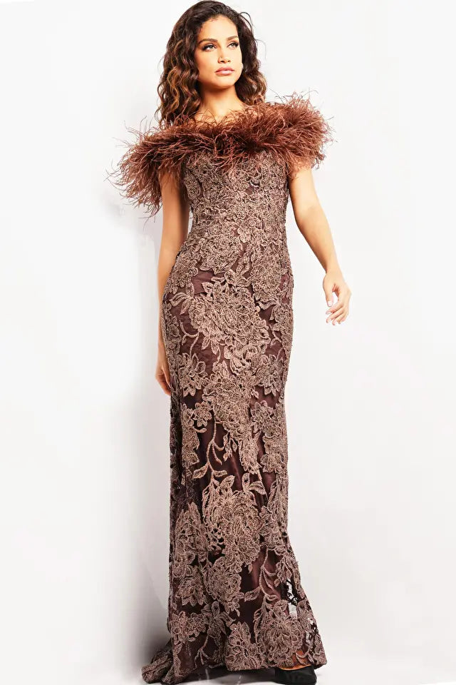Jovani -23030B Evening Feather Fringes Off-Shoulder Dress