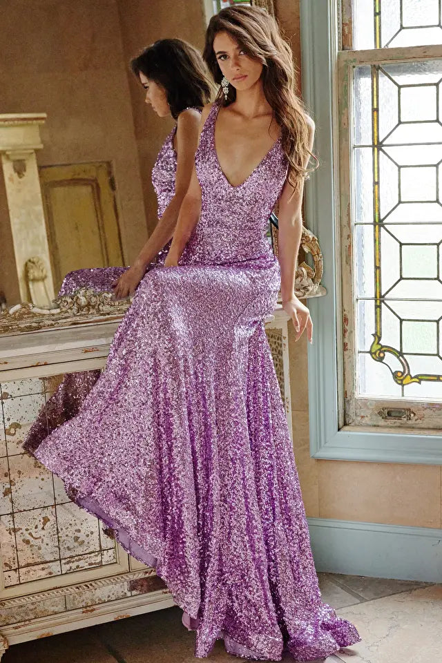 Jovani -23079 Plunging V-Neck Sequin Prom Gown