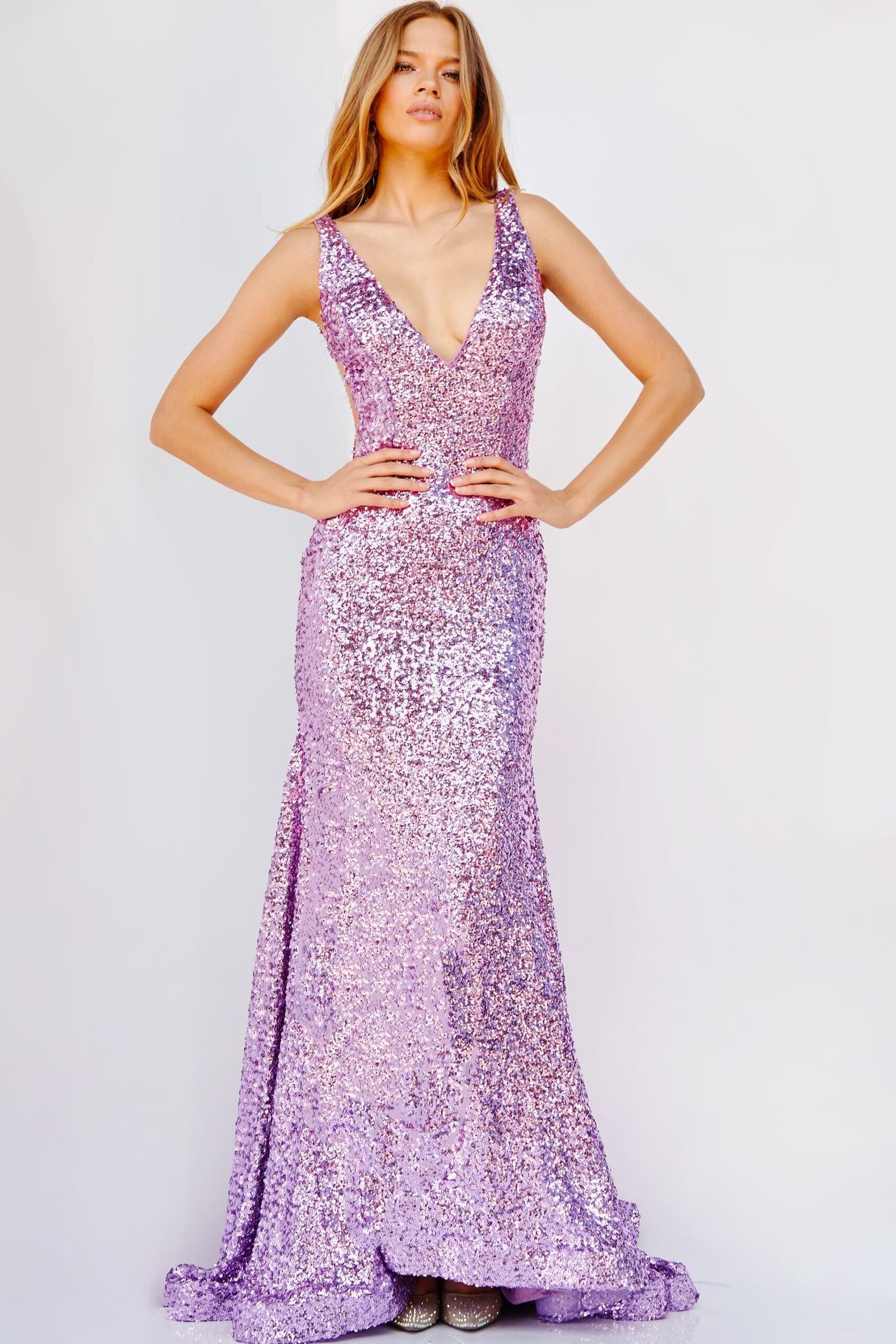 Jovani -23079B Plunging V-Neck Sequin Prom Gown