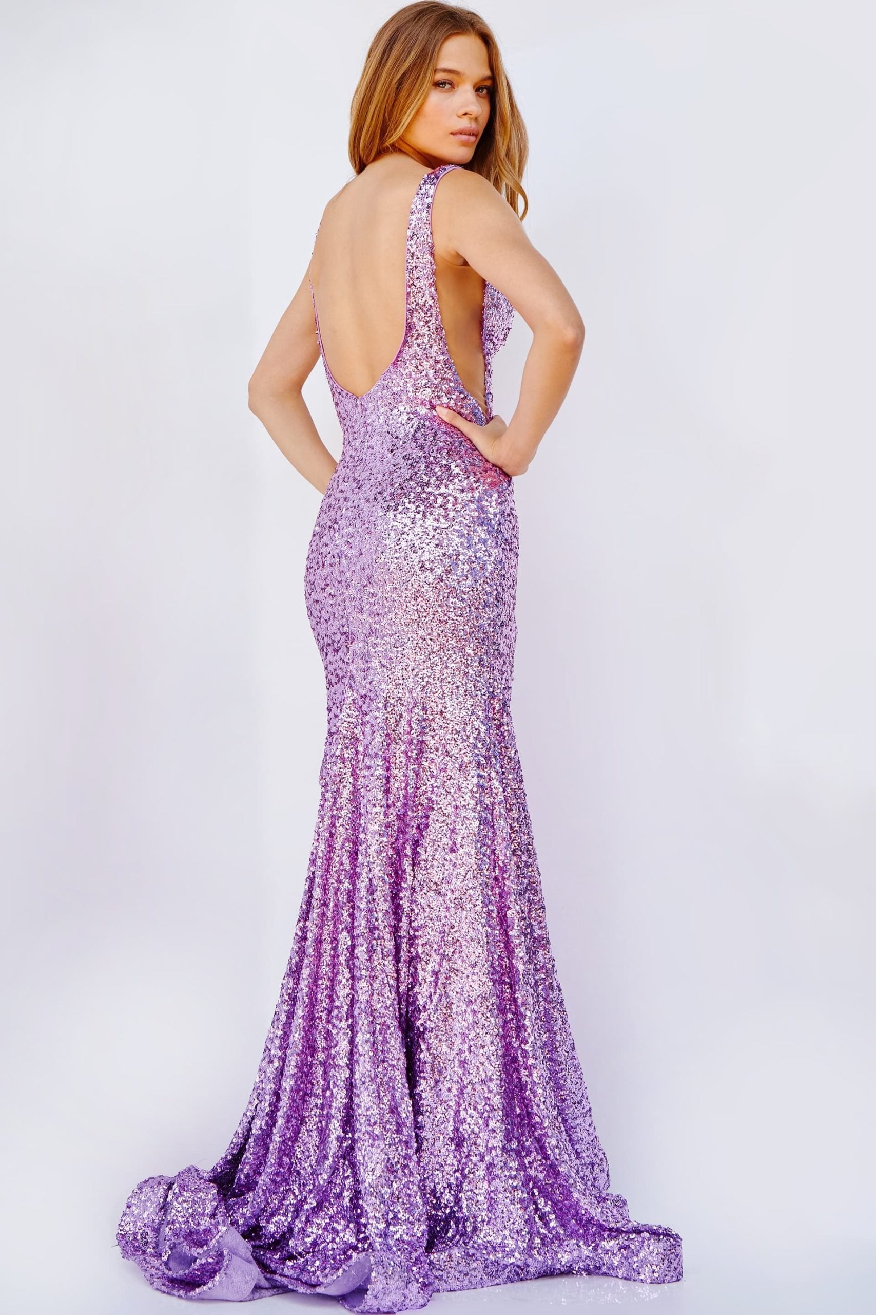 Jovani -23079B Plunging V-Neck Sequin Prom Gown