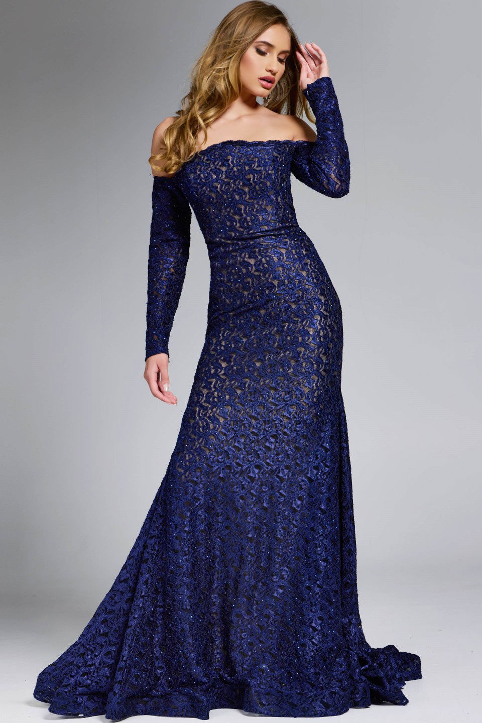 Jovani -23084 Long Sleeves Off-Shoulder Lace Gown