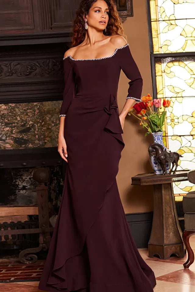 Jovani -23190B Off-Shoulder Beaded Trumpet Evening Dress