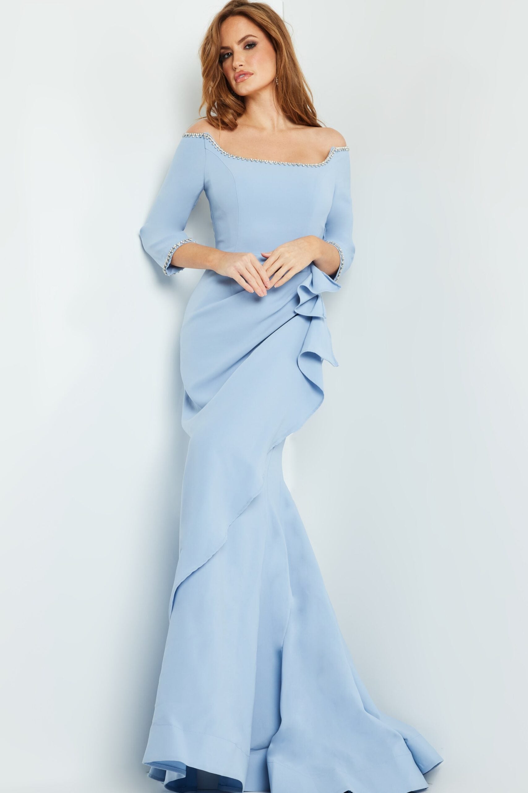 Jovani -23190B Off-Shoulder Beaded Trumpet Evening Dress