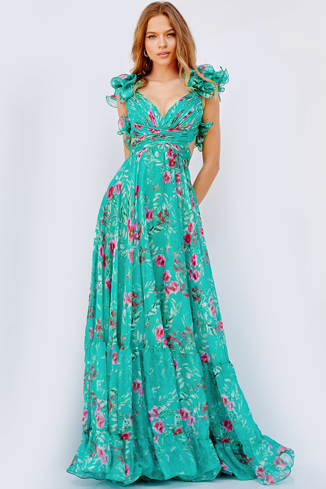 Jovani -23321 Floral Printed Flowy A-line Gown