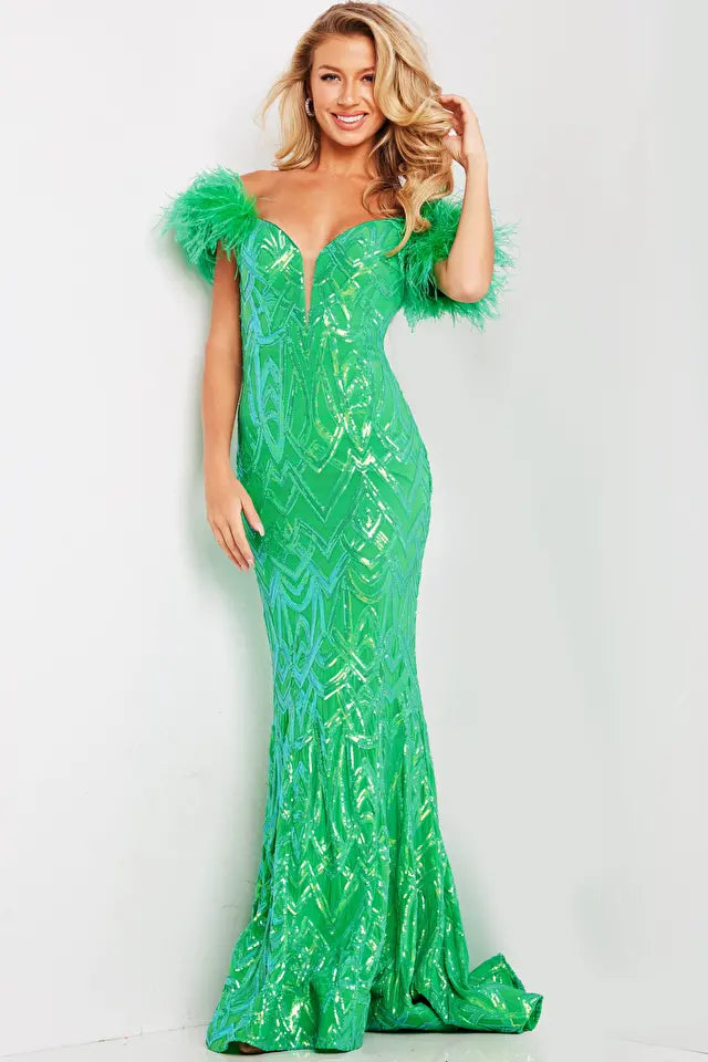 Jovani -23383B Feather Sleeves Off-Shoulder Prom Dress