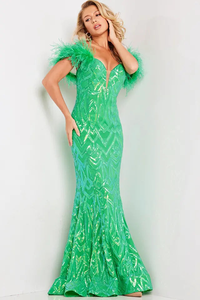 Jovani -23383B Feather Sleeves Off-Shoulder Prom Dress