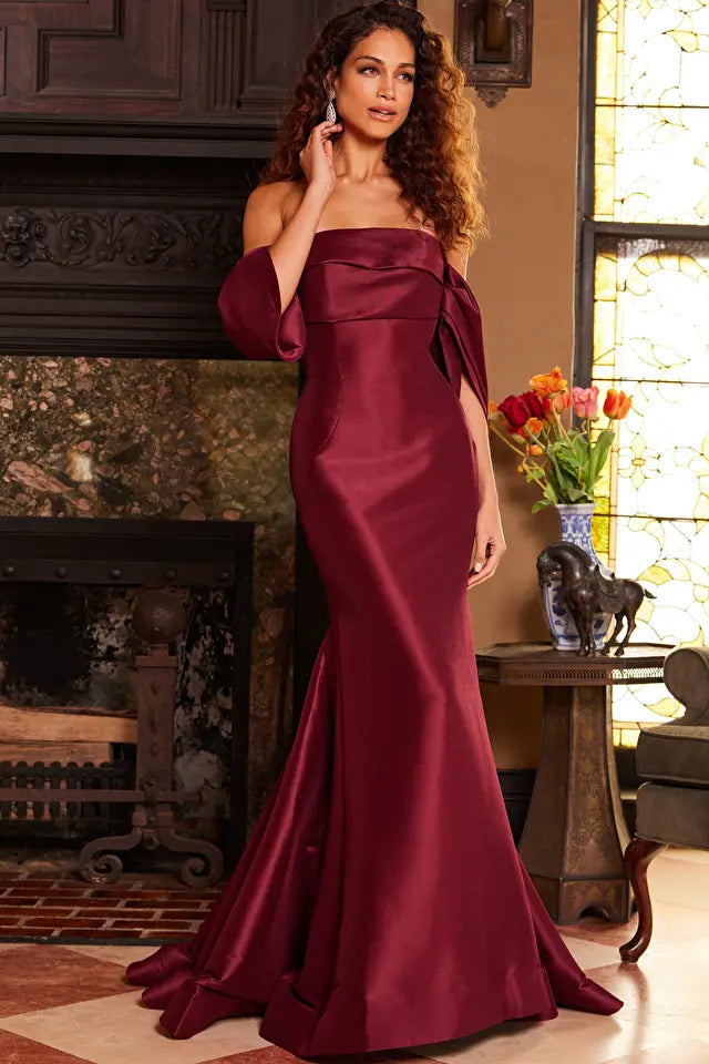 Jovani -23398B Drape Sleeves Mermaid Evening Dress