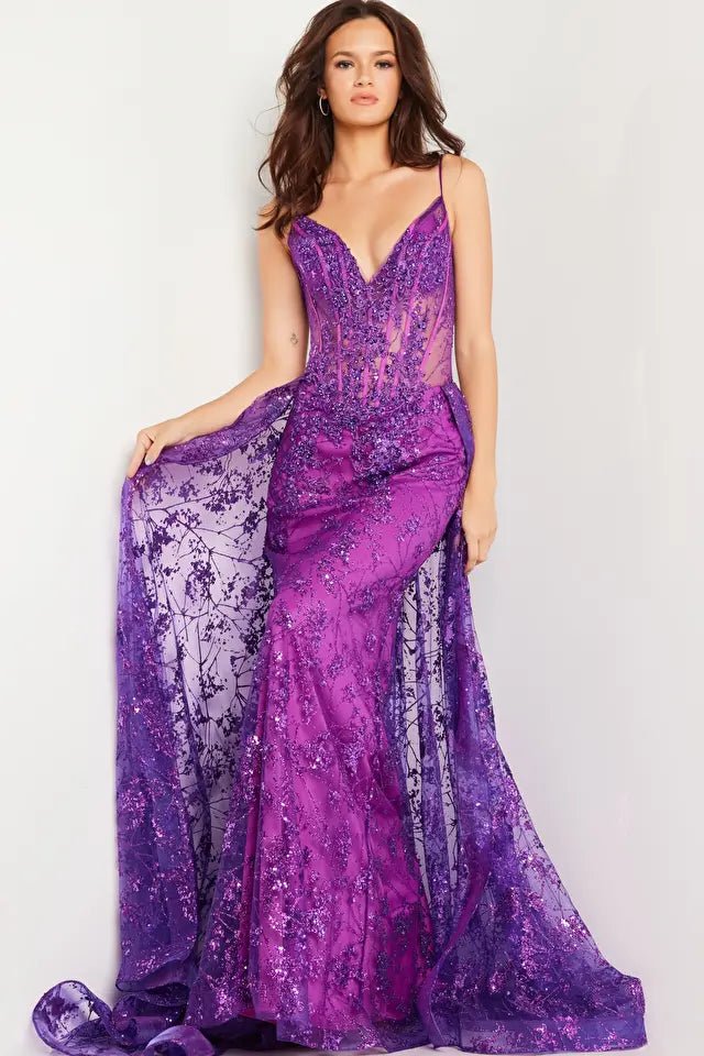 Jovani -23530B Embellished Sheer Overskirt Prom Dress