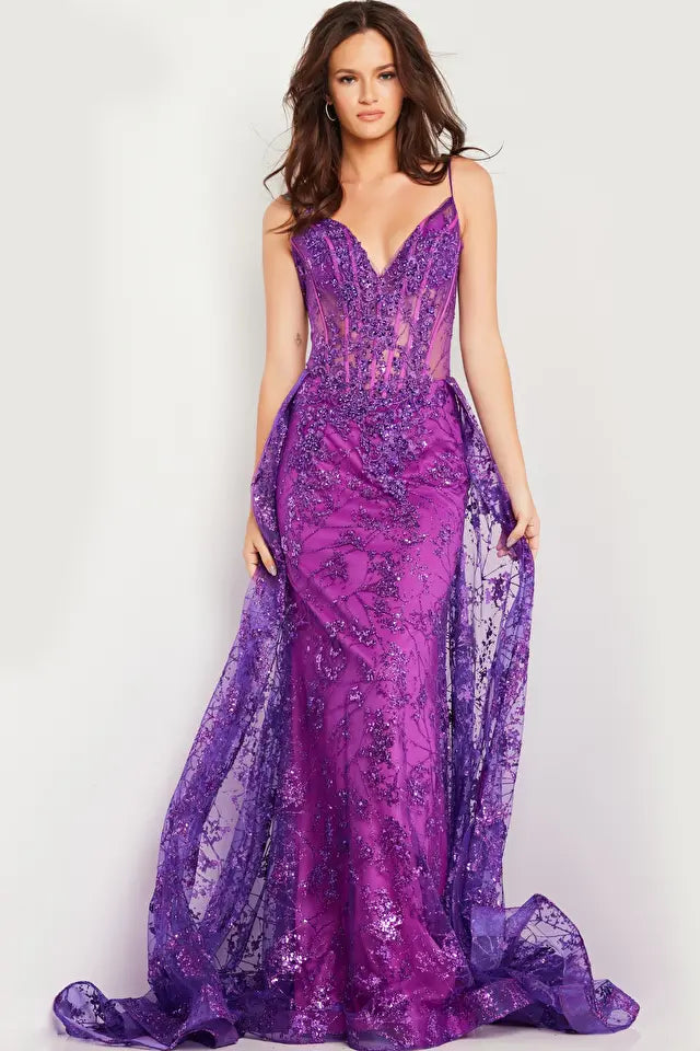 Jovani -23530B Embellished Sheer Overskirt Prom Dress