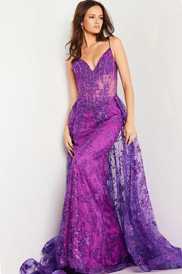 Jovani -23530B Embellished Sheer Overskirt Prom Dress