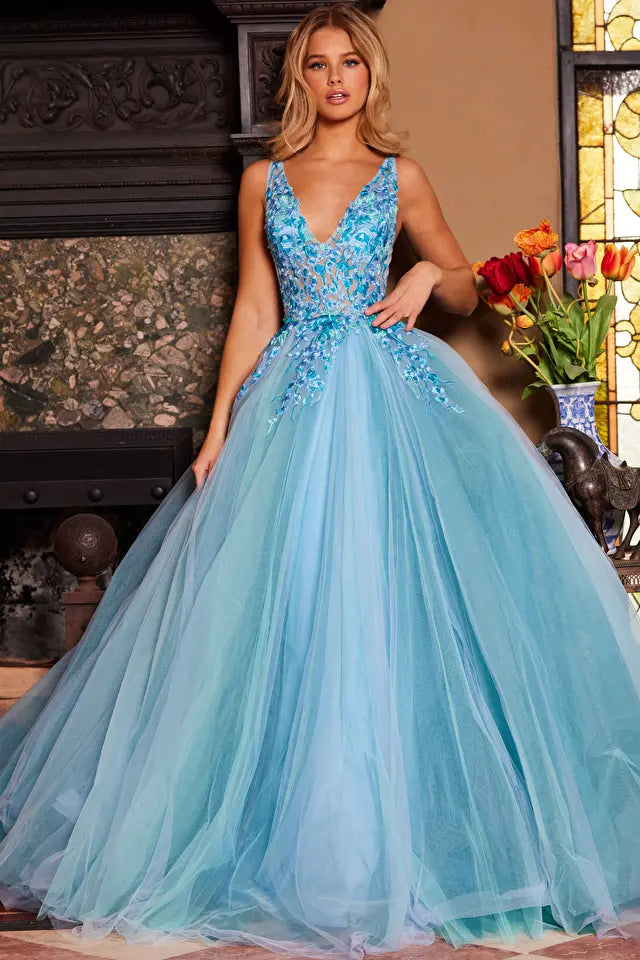 Jovani -23577B Floral Lace Bodice V-Neck Ballgown