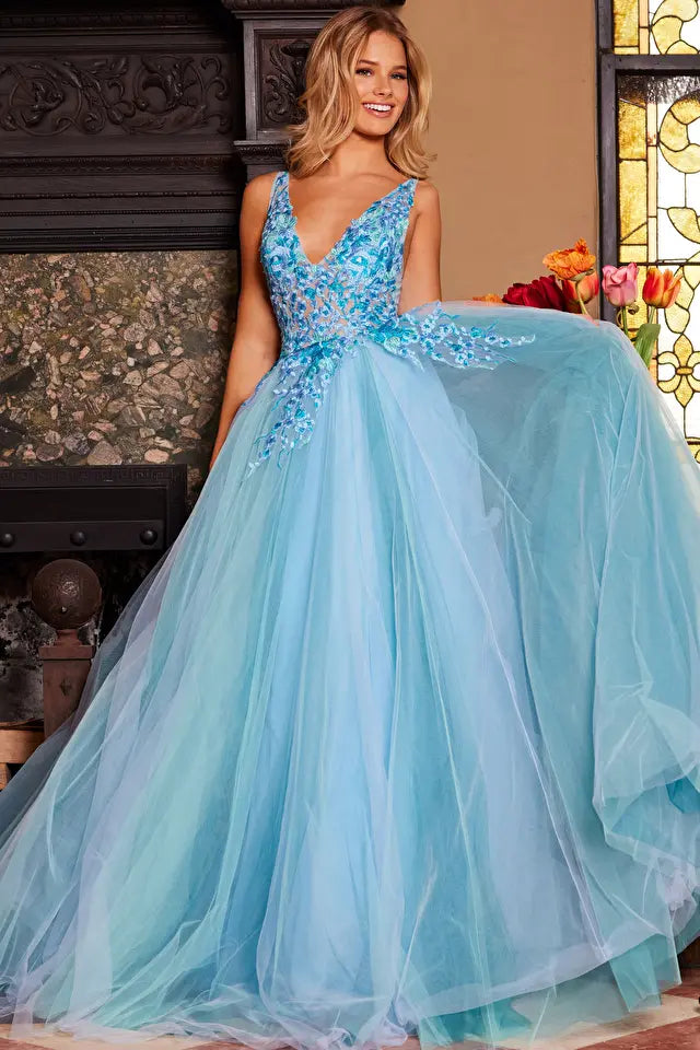 Jovani -23577B Floral Lace Bodice V-Neck Ballgown