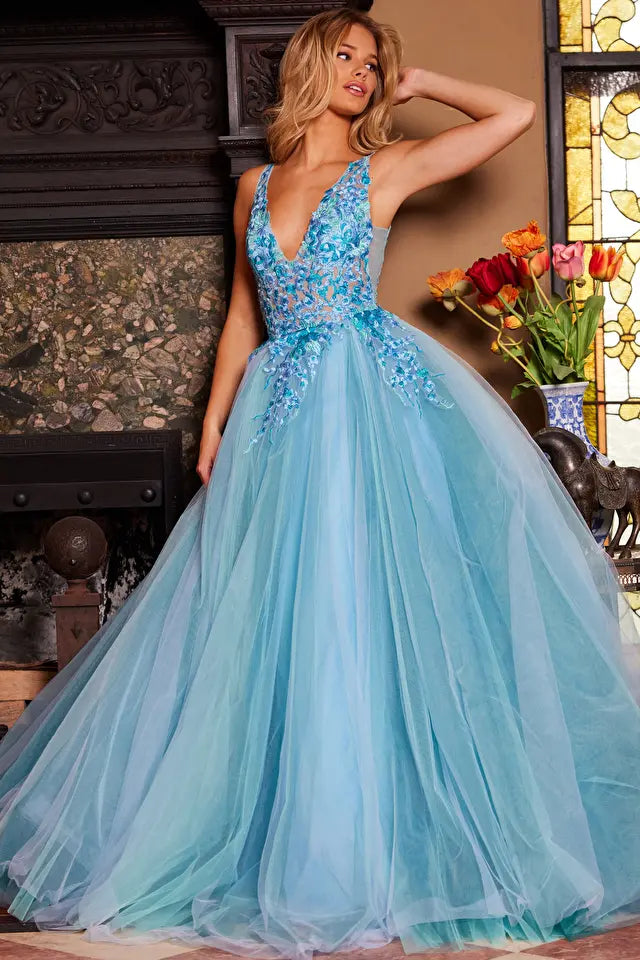 Jovani -23577B Floral Lace Bodice V-Neck Ballgown